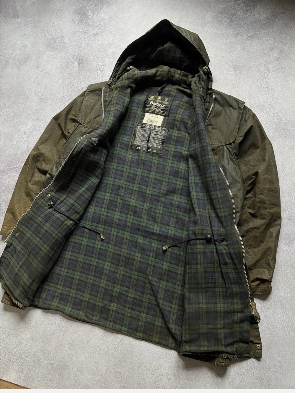 Barbour Vintage Durham Olive Green Hooded Waxed Jacket w/Tartan Lining C48/122CM